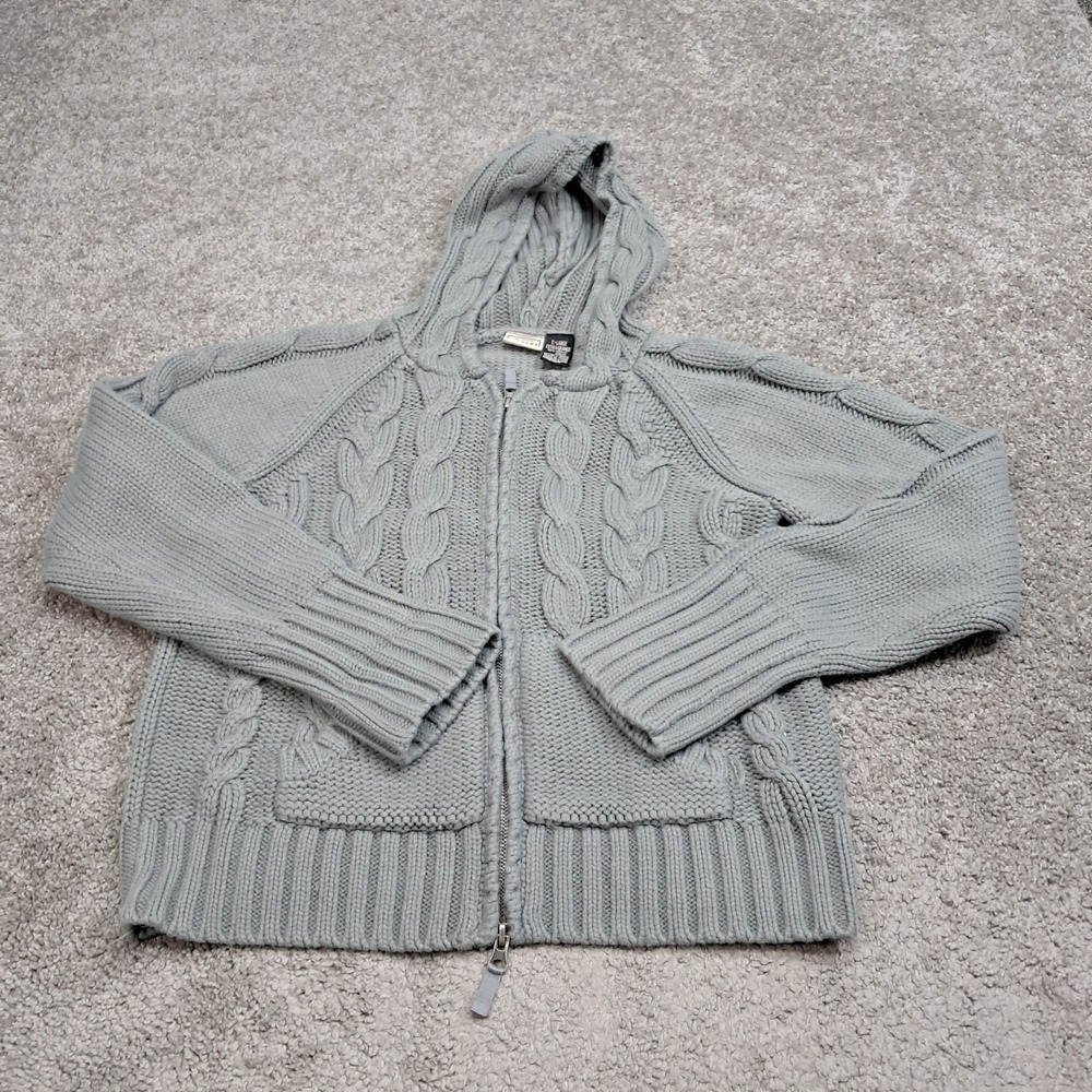 Arizona Jean Co Women XL Sage Gray Cable Knit Full Double Zip Hoodie Sweater